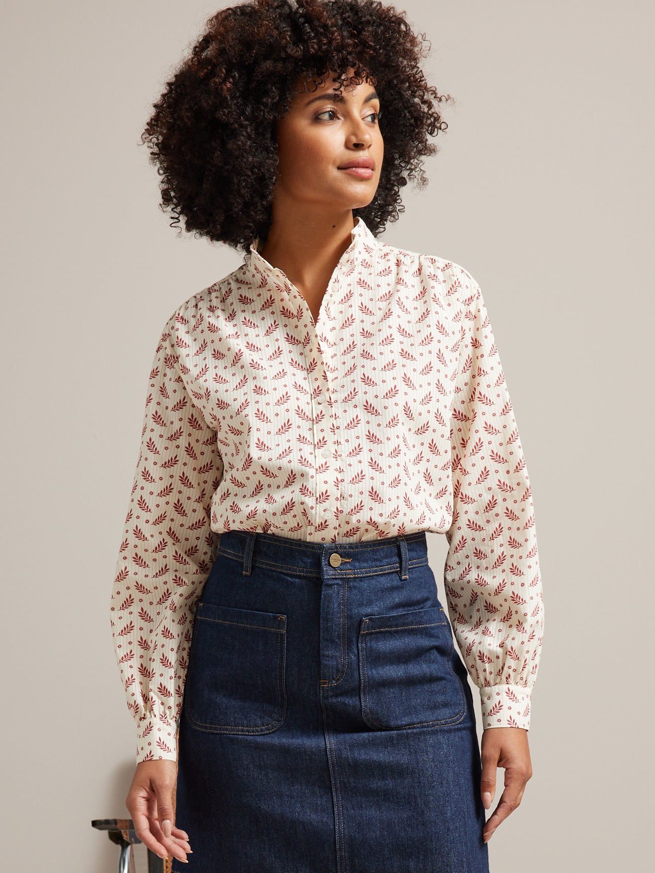 Chemise col montant femme coton dobby