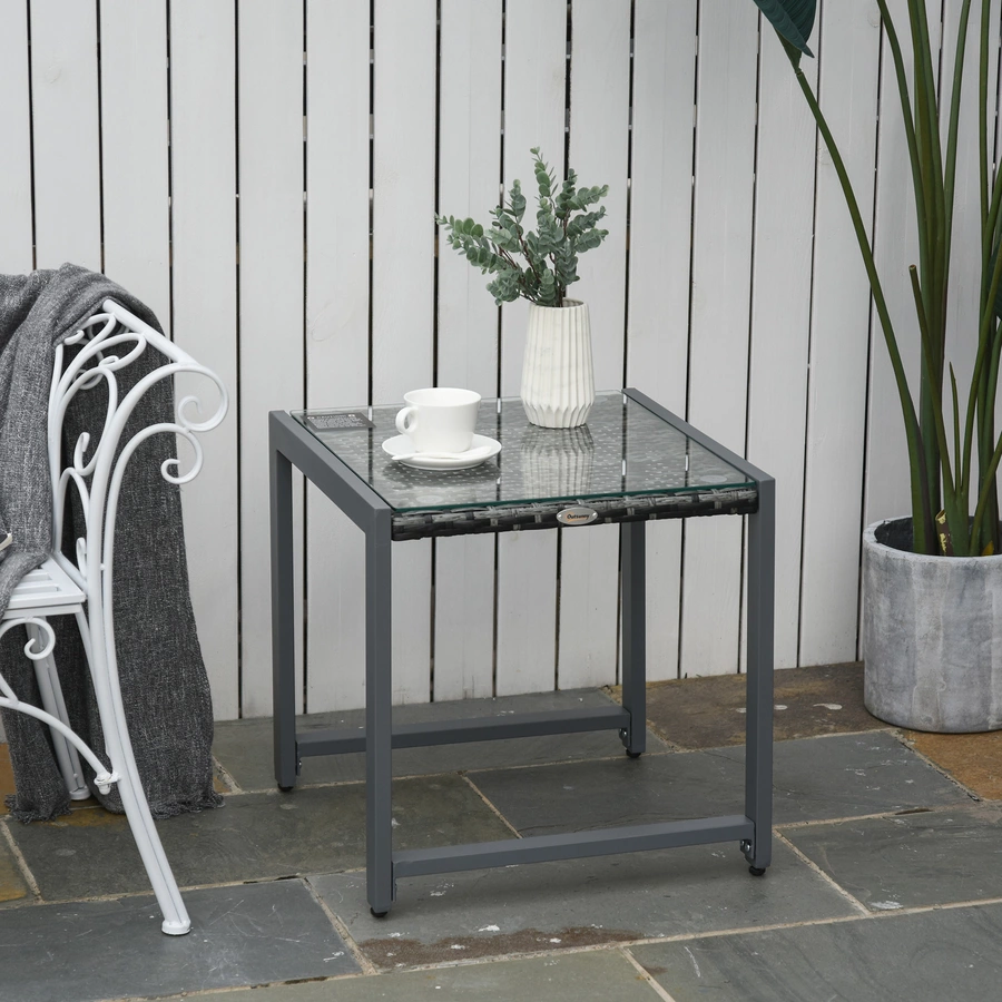 Outsunny Polyrattan Gartentisch mit Hartglas grau