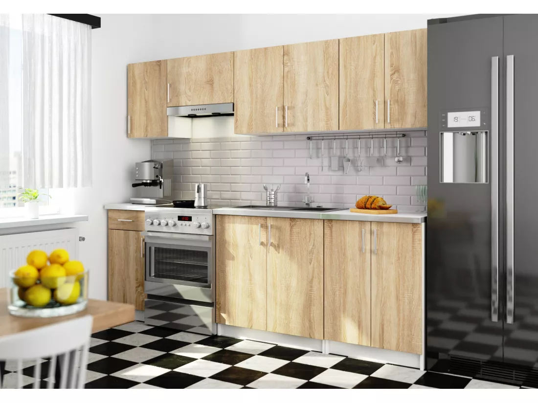 Ensemble De Cuisine AKORD LIMA 2.4m Blanc 240 cm 11 portes 1 tiroir façade Chêne Sonoma 240x44,5x203 cm