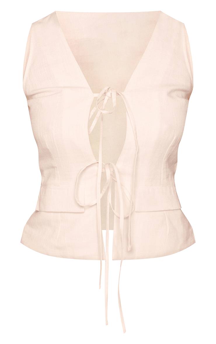 Blanc Ensemble Haut Coordonné Aspect Lin Avec Détail Poches Et Nœuds Devant Petite