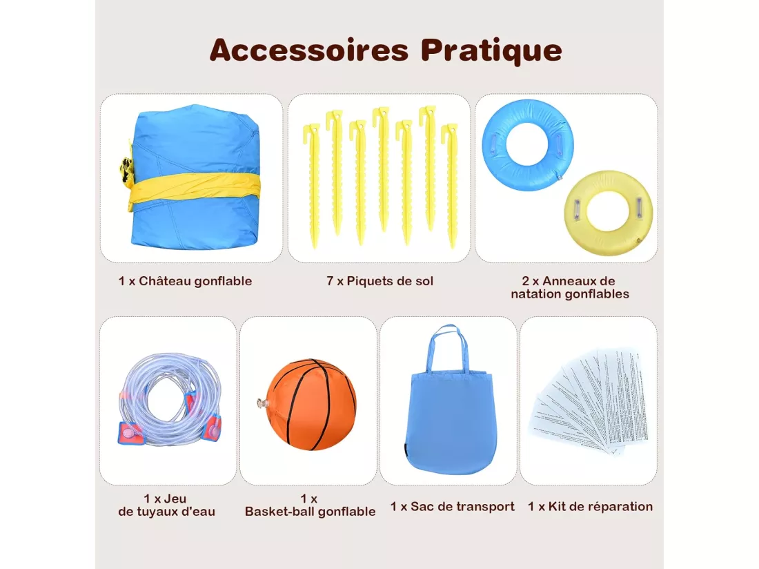 Château Gonflable 8 en 1 avec Double Toboggan Aquatique, Maison de Rebond Gonflable avec Mur d’Escalade, Pistolet à Eau, Anneaux de Natation pour 3 Enfants de 3-10 Ans (sans souffleur)