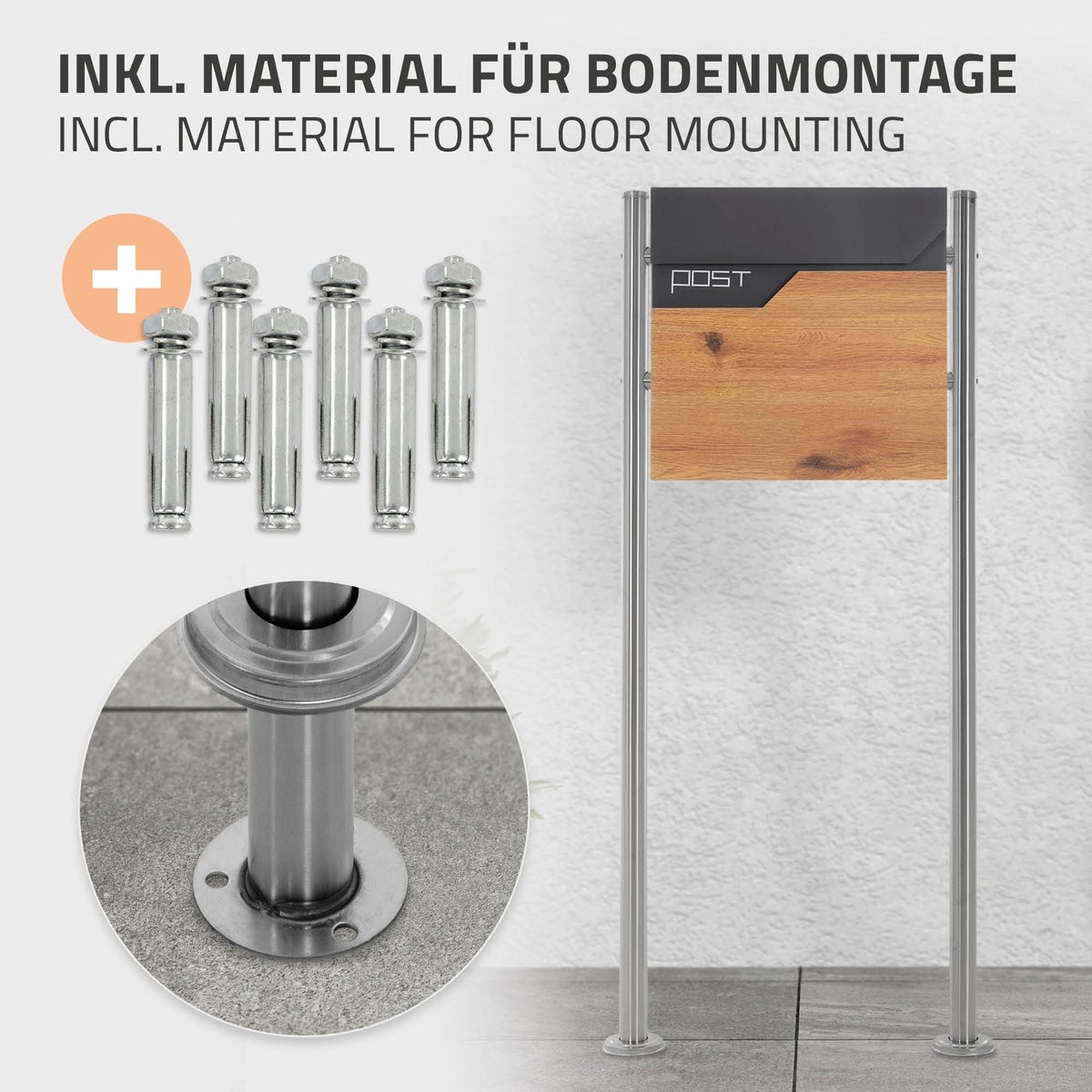 ECD Germany vrijstaande brievenbus met krantenvak, design brievenbus met post, brievenbussysteem, brievenbusstandaard zilver 120 cm roestvrij staal, brievenbus antraciet houtlook gepoedercoat roestvrij staal