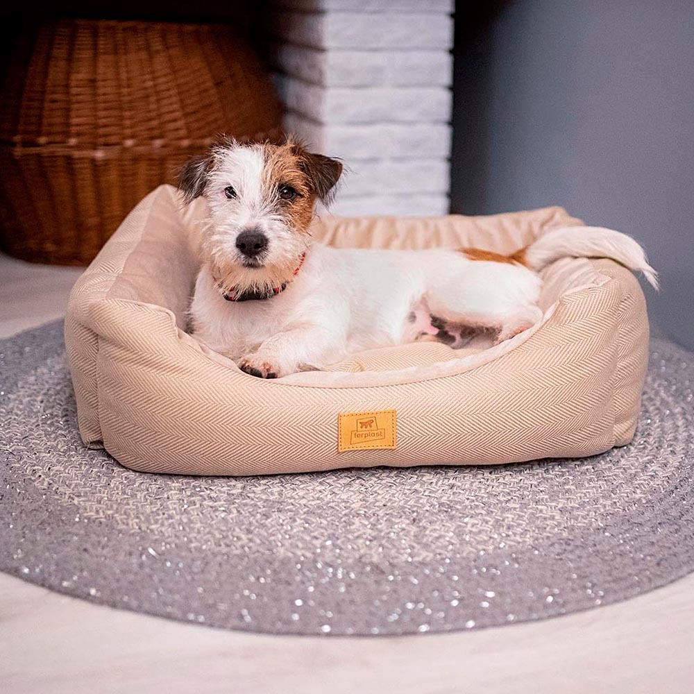 Lit chiens et chats couchage chester 60, avec coussin double-face, tweed et velours, lavable, beige