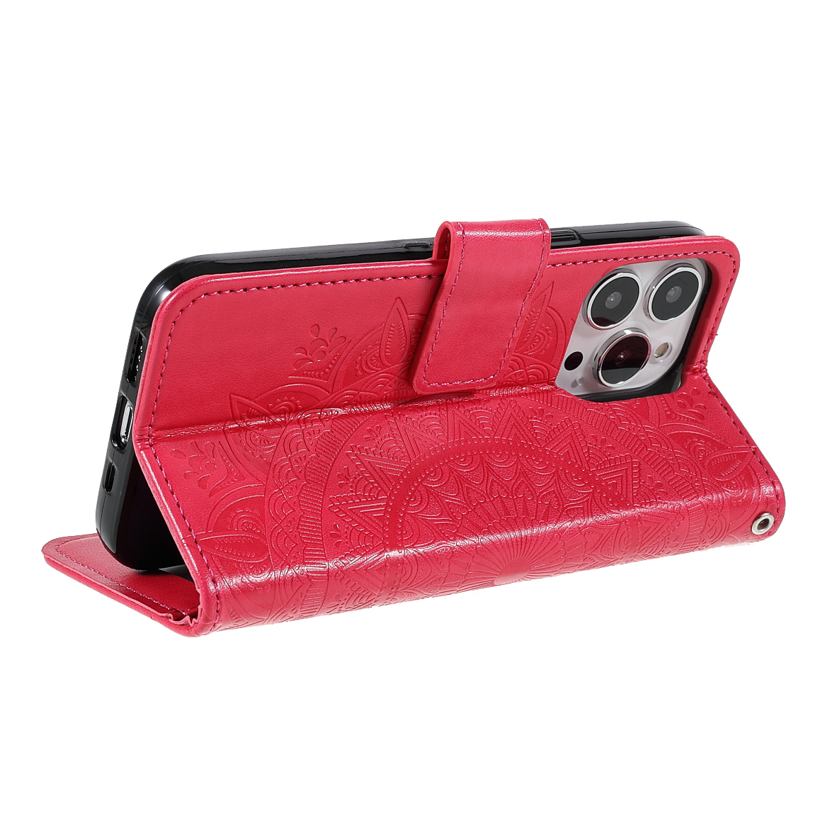 iPhone 13 Pro Leder Tasche Wallet - Mandala Flowers Imprint - Rot / Pink