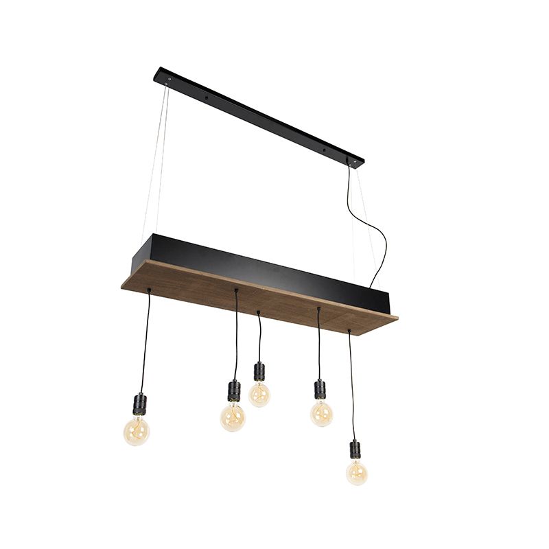 Landelijke hanglamp zwart met hout 5-lichts - Flair