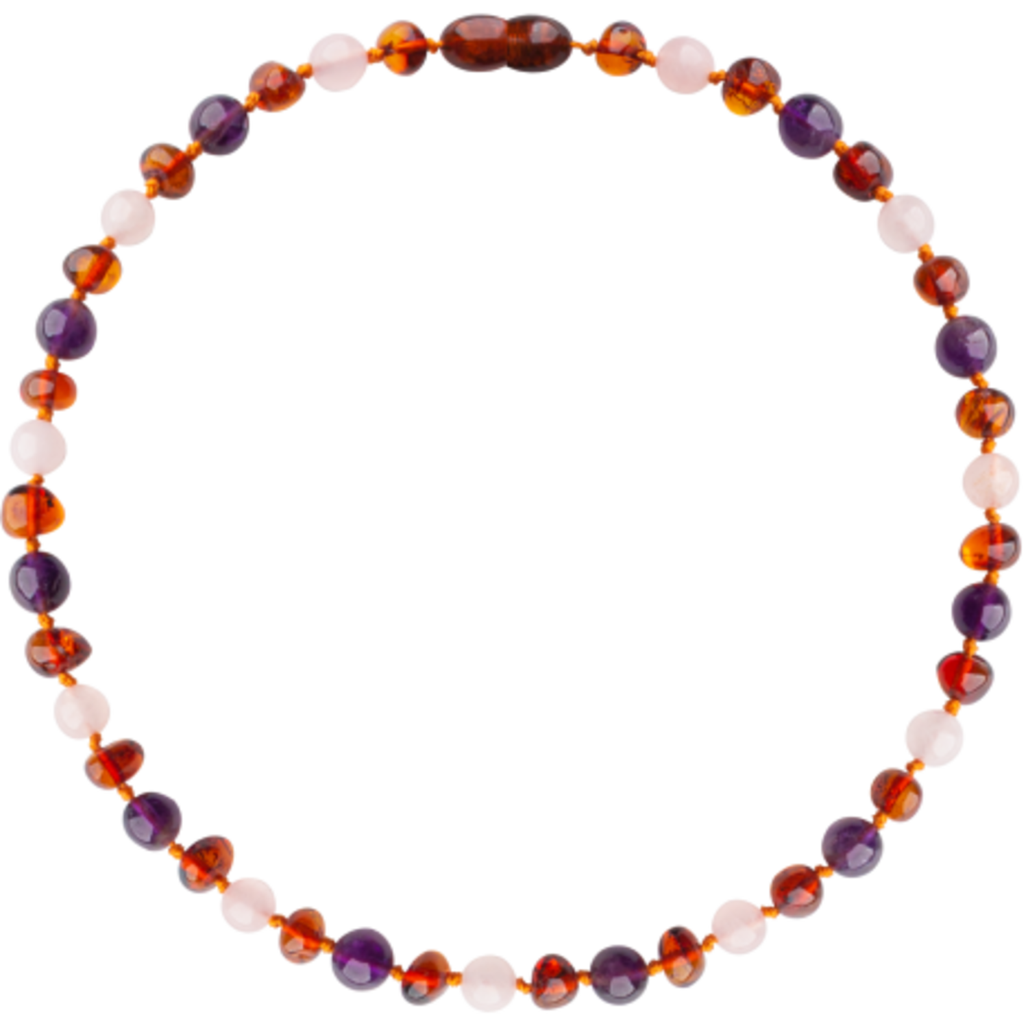 Barnsteen | Ketting | Glimmend | Baroque Cognac/Rose Quartz/Amethyst | 32 cm