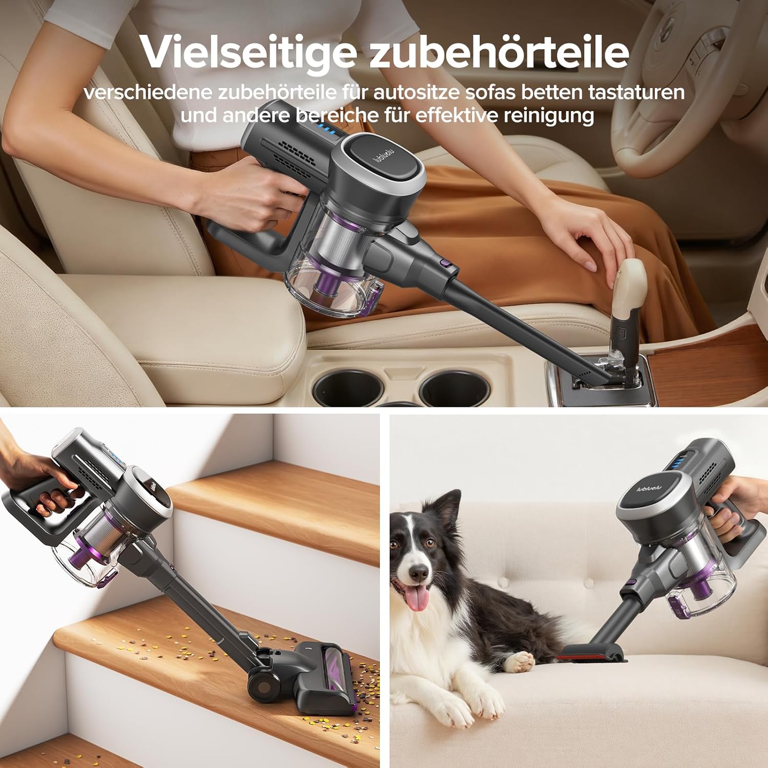 Lubluelu Kabelloser Staubsauger Leicht & Leise, Selbststehend mit LED-Anzeige und Faltbarem Rohr, Starke Saugleistung für Tierhaare, Teppiche, Hartböden und Auto (Schwarz-Violett)