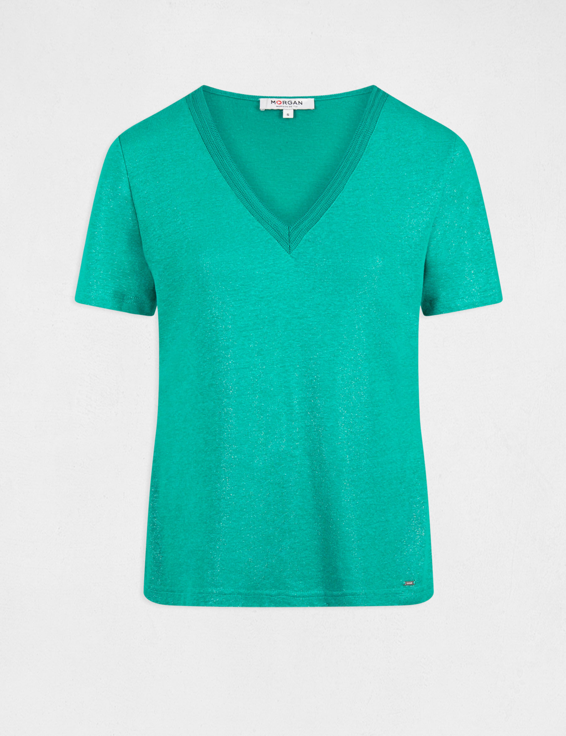 T-shirt manches courtes à col en V vert moyen femme - vert_moyen