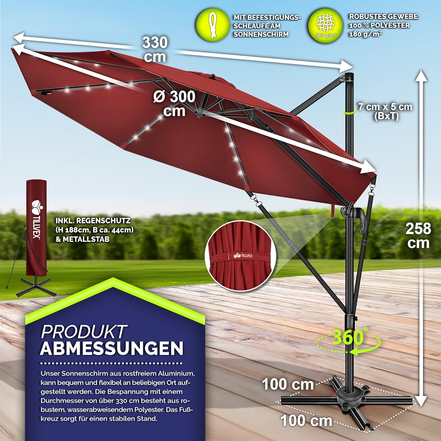 tillvex® Premium Alu Sonnenschirm 330 cm + Abdeckung & Windsicherung | Ampelschirm 6-Fach verstellbar mit Kurbel | Gartenschirm 360° Drehbar Neigbar Kippbar | UV50+ wasserdicht
