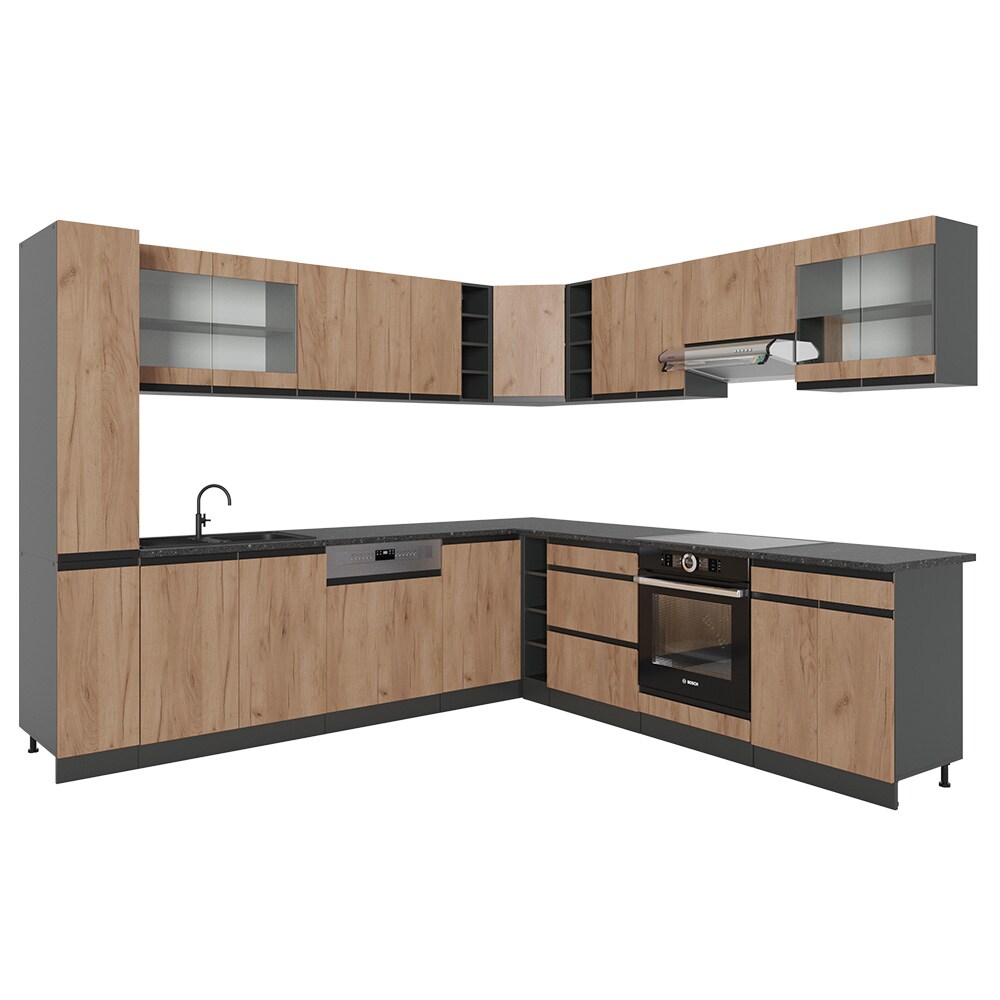 Vicco Eckküche Küchenblock Einbauküche R-Line J-Shape Anthrazit Eiche 277x257 cm modern Küchenschränke Küchenmöbel