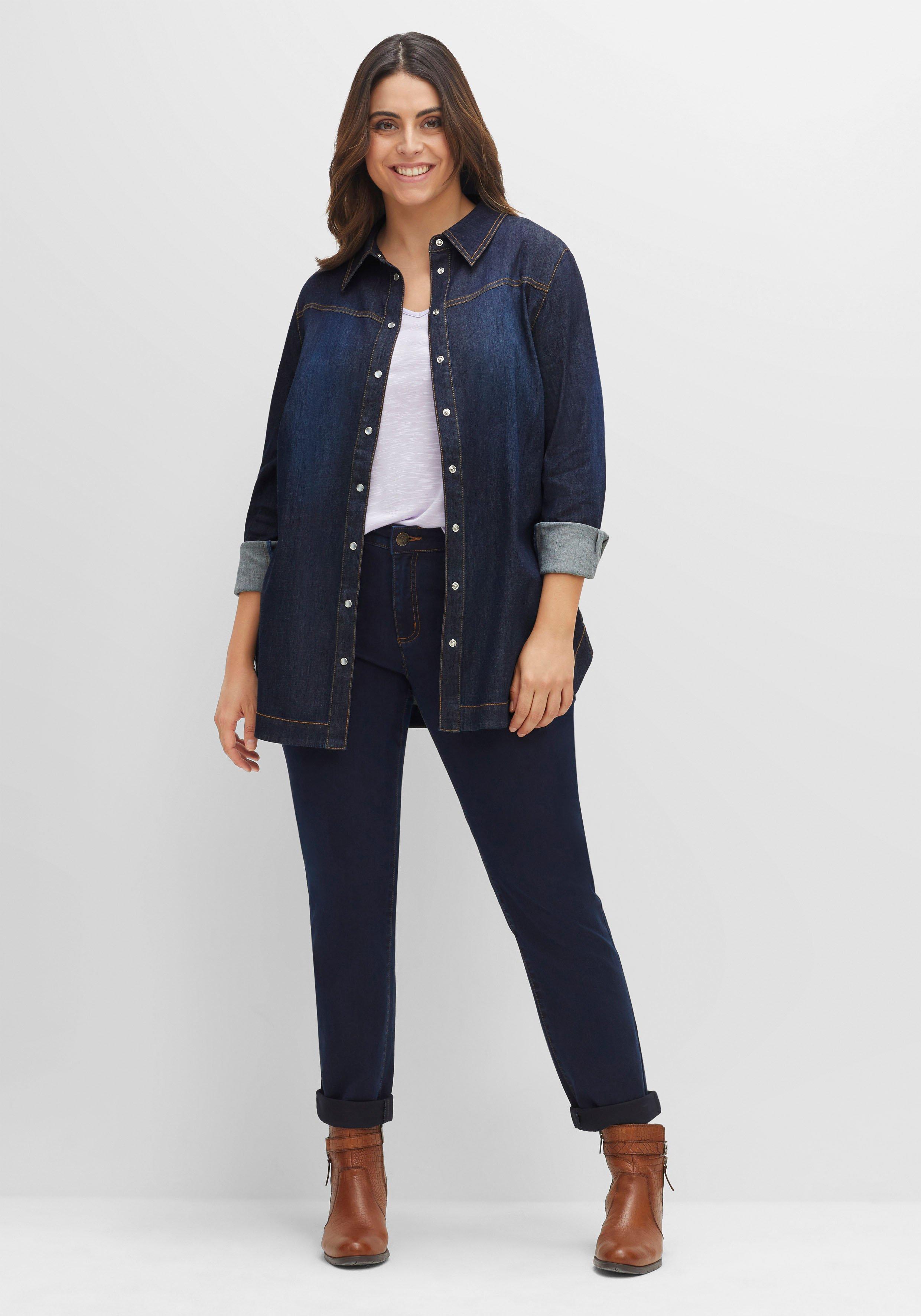 Jeansbluse mit Kontrastnähten und Druckknöpfen