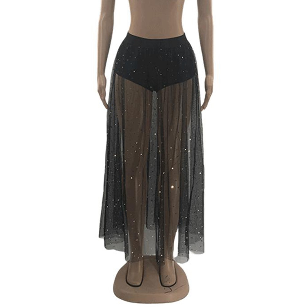 (Gr. M) Elastischer Mesh Glitzer Rock Sommer Festival Jupe Fashion Hosenrock - Mond und Sterne