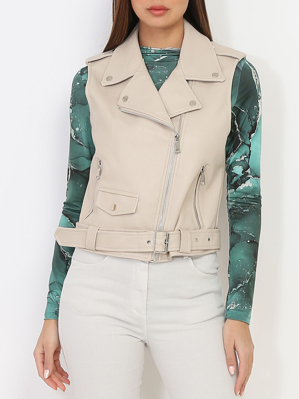 Blouson en simili sans manches- Beige