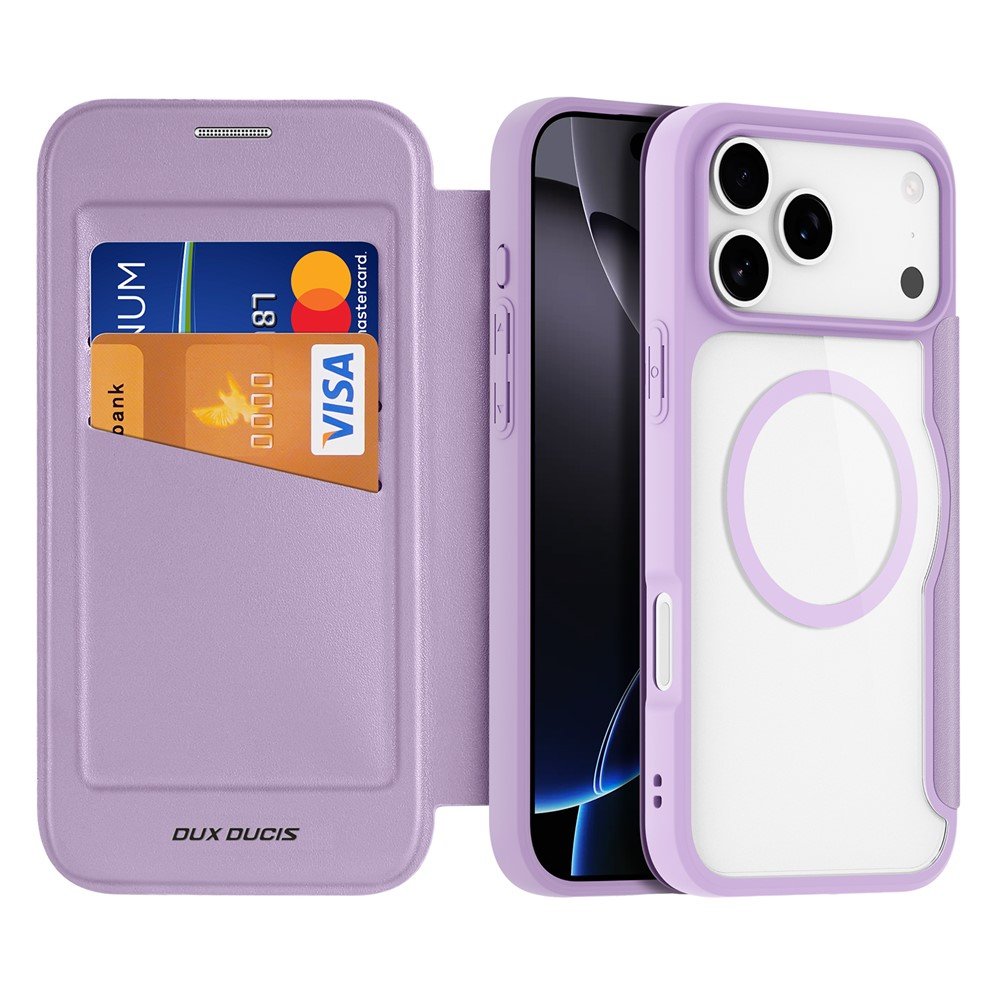 iPhone 17 Pro Max MagSafe Hybrid Leder Tasche   Kunststoff Rückseite (RFID Schutz) - Lila / Transparent