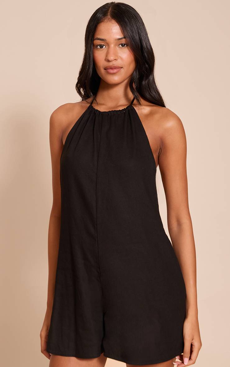 Noir Combi-short Fluide Grand Taille Col Licou Aspect Lin
