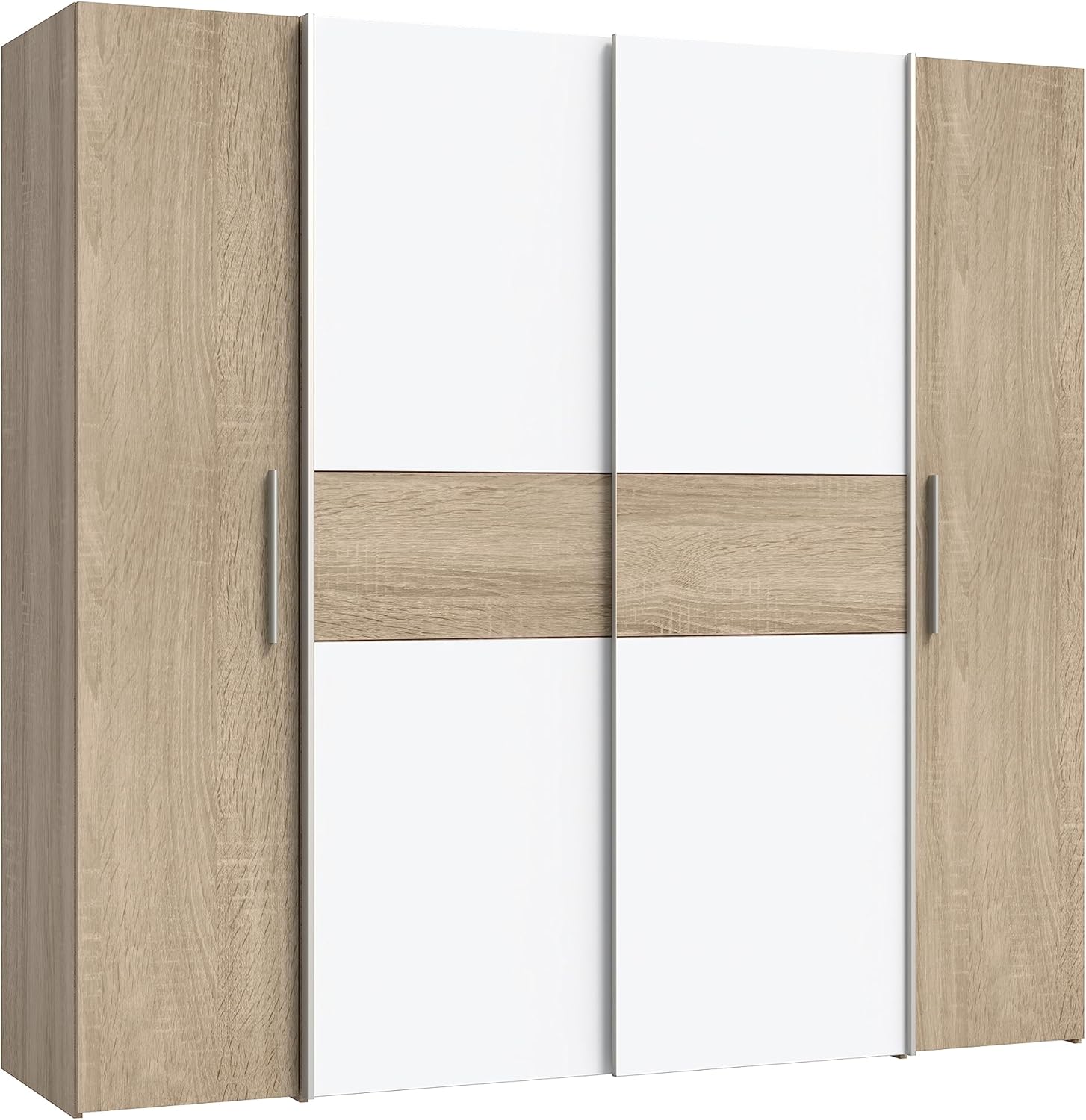 FORTE KALIXTUS Schrank 200, Kleiderschrank, Schwebetürenschrank Skandinavisch Schlafzimmer 4-türig, Holzdekor: Sonoma Eiche / Weiß, 200 cm breit x 190.5 cm hoch x 62 cm tief