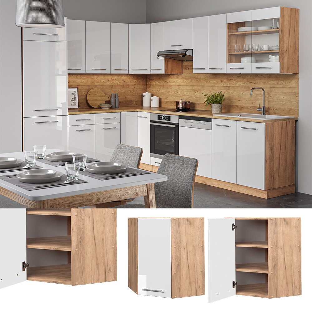 Vicco Eckhängeschrank Küchenschrank Küchenmöbel Fame-Line Eiche Weiß modern 57 cm Küche Einbauküche Eckküche Hängeschrank Drehtür Einlegeboden Küchenzeile Hochglanz