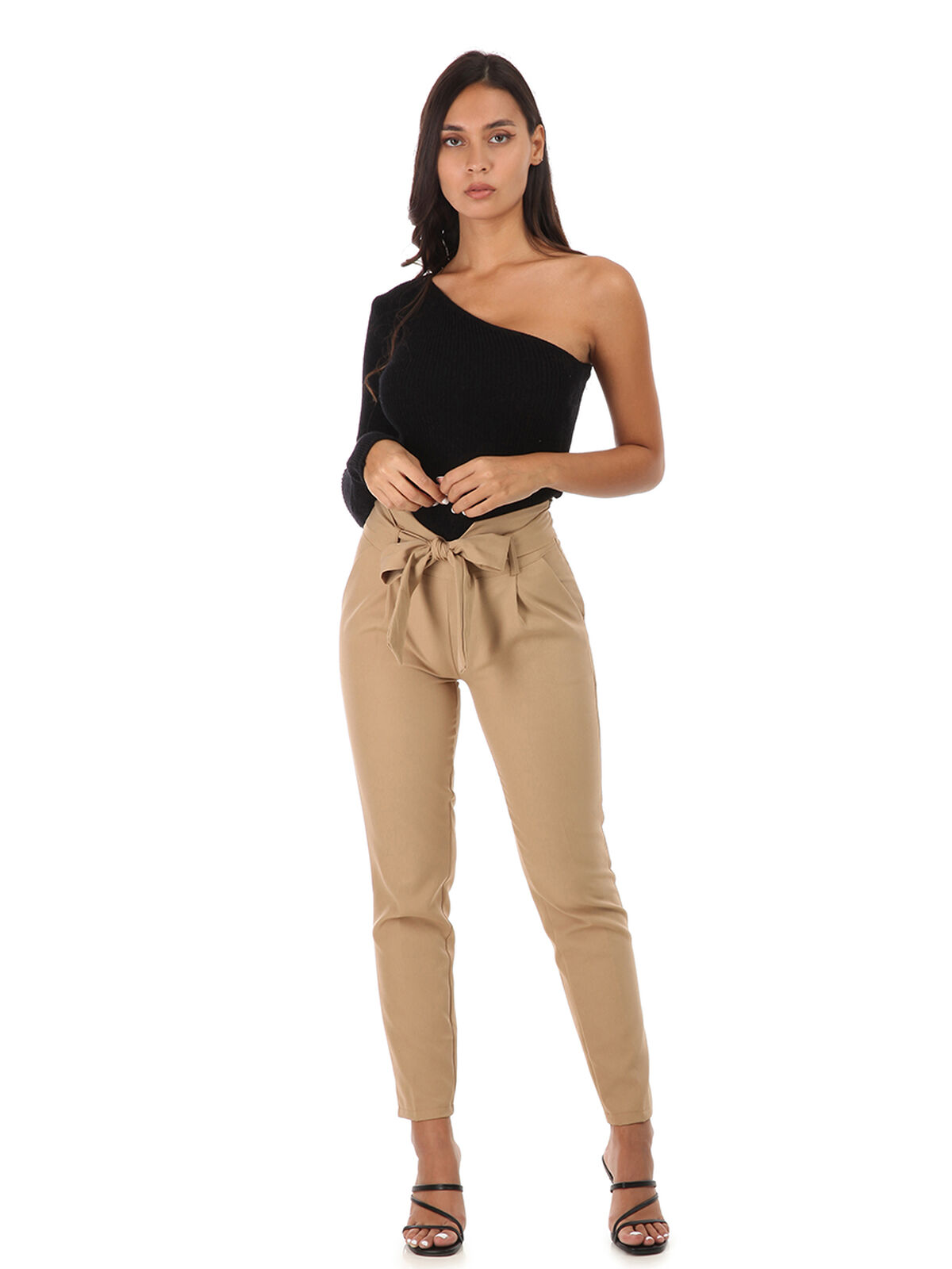 Pantalon cigarette à nœud ceinture- Camel