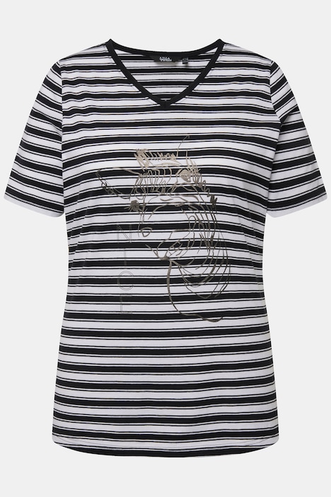 T-Shirt, Ringel, Metallic-Tiermotiv, V-Ausschnitt, Halbarm