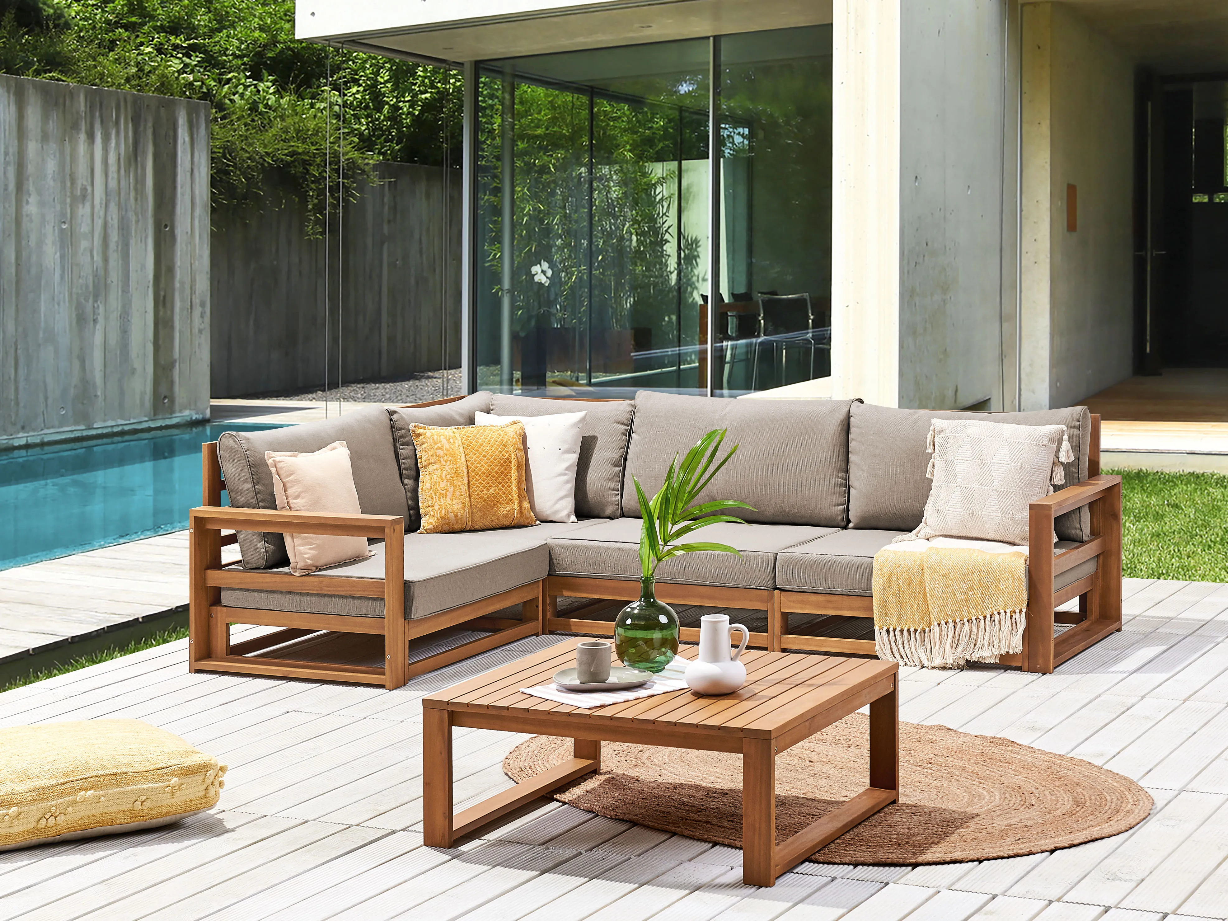 Tuin hoekloungeset met tafel 4-zits TIMOR rechtszijdig modulair Gecertificeerd acaciahout Lichtbruin