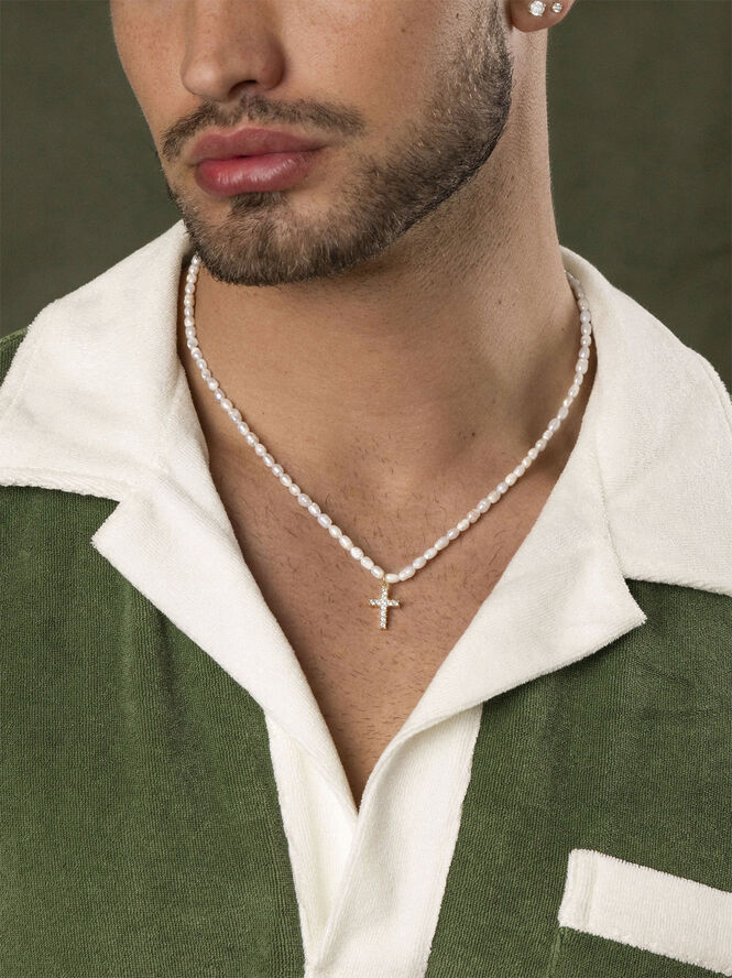 Nialaya Men's Mini Pearl Choker with Cross White