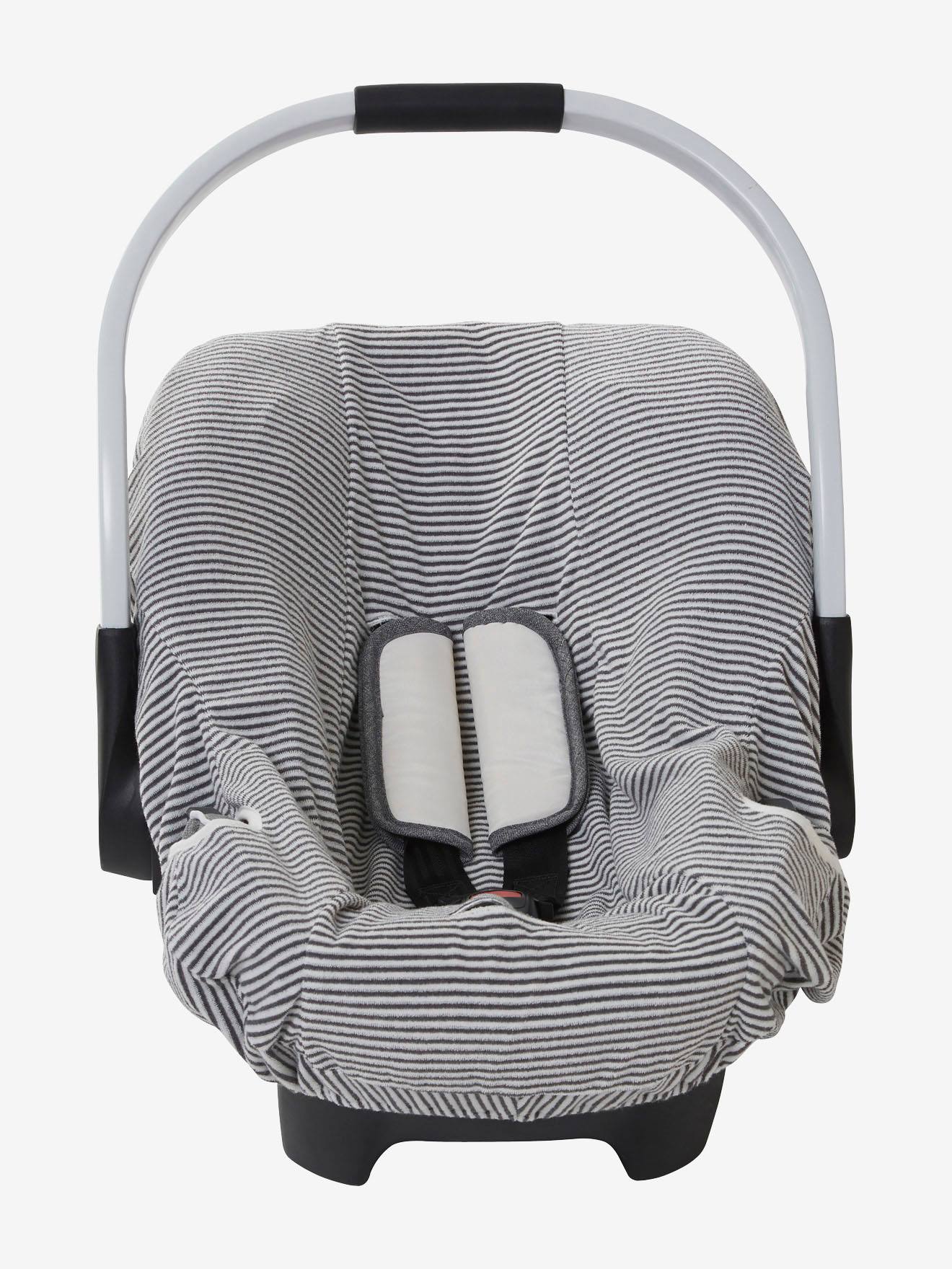 Capa elástica para cadeirinha de carro tipo ovo, tamanho 0+ médio, branca com listras.