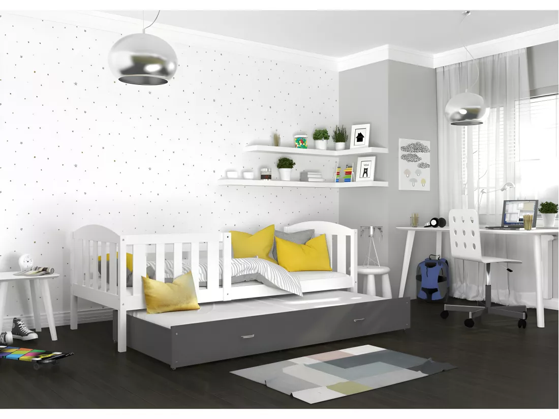 Lit Gigogne Teo 90x190 Blanc - gris Livré avec sommiers, tiroir et matelas en mousse de 7cm