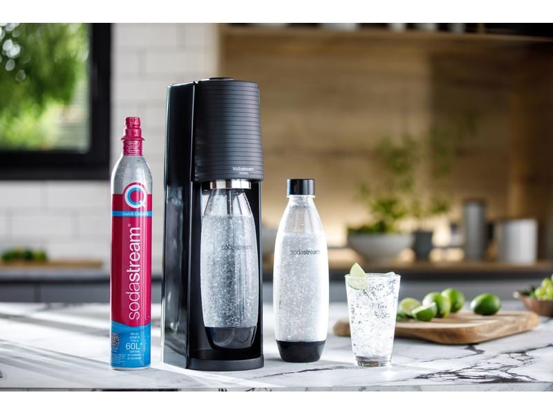 Sodastream Wassersprudler Terra Schwarz Wassersprudler mit Fuse Kunststoffflasche und Quick Connect Zylinder