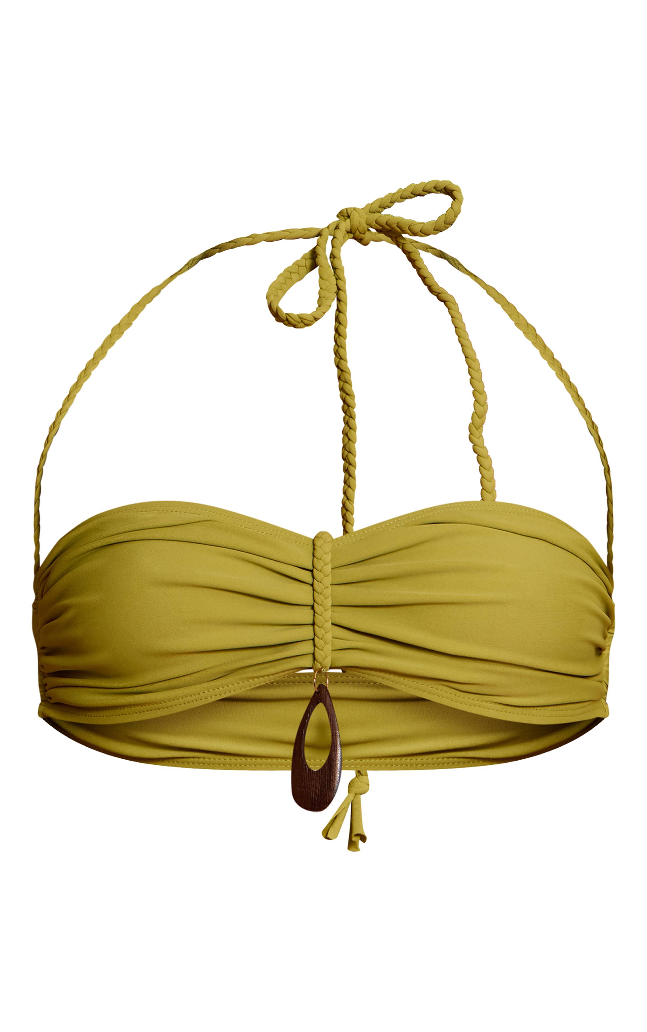 Vert Olive Haut De Bikini Froncé Avec Détail D'anneau En Bois Tressé