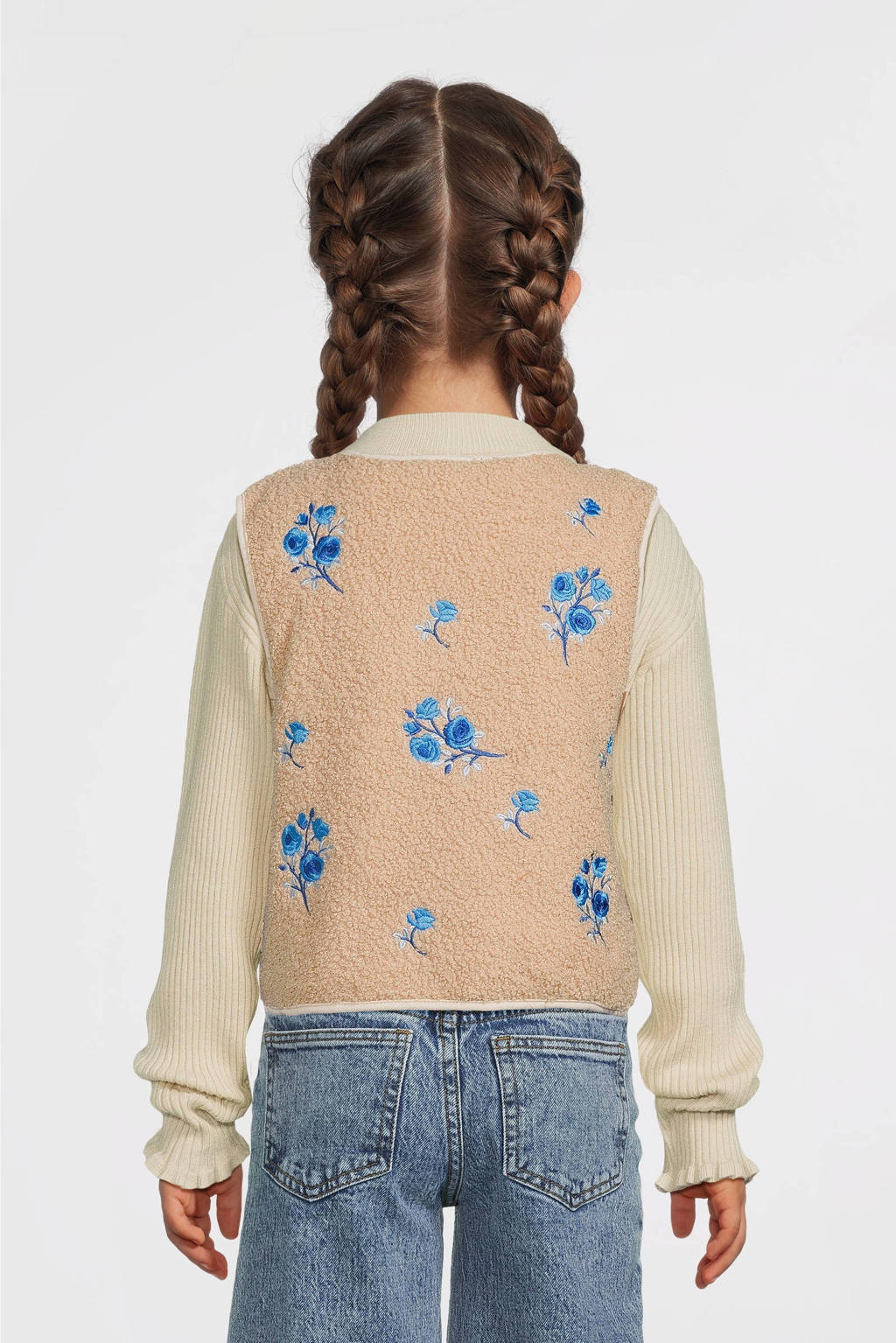 Moodstreet gebloemd gilet Vajén lichtbruin/blauw