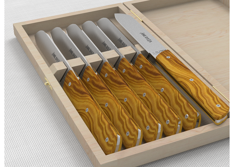 Service de 6 couteaux de table avec un manche en bois d'olivier et lame en acier inoxydable