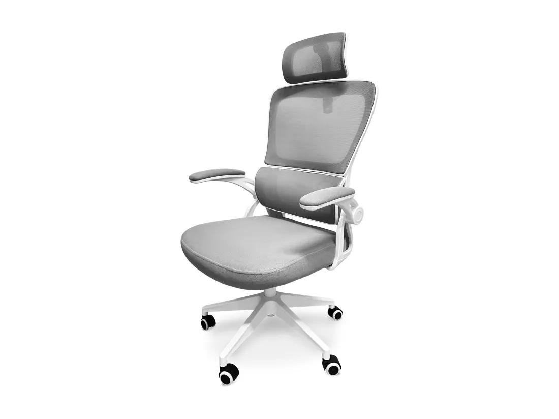 Lyn - Chaise de bureau ergonomique réglable en hauteur, avec appuie-tête, rembourrage lombaire et roulettes - couleur blanc et gris