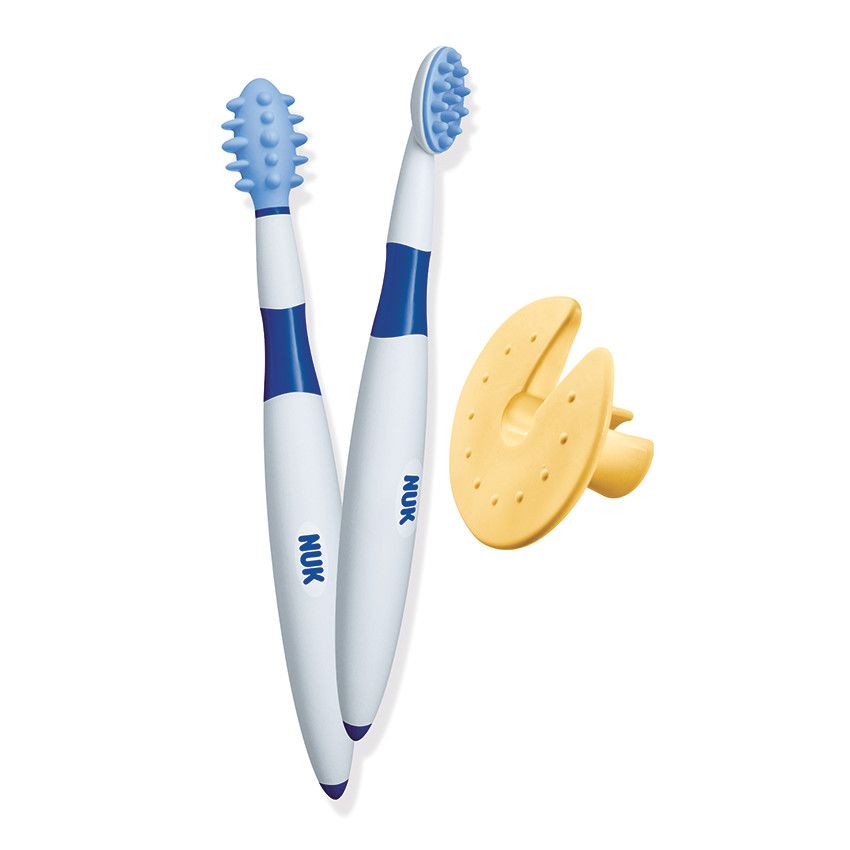 Kit d'apprentissage avec 2 brosses à dents 1er âge - Bleu ou Jaune