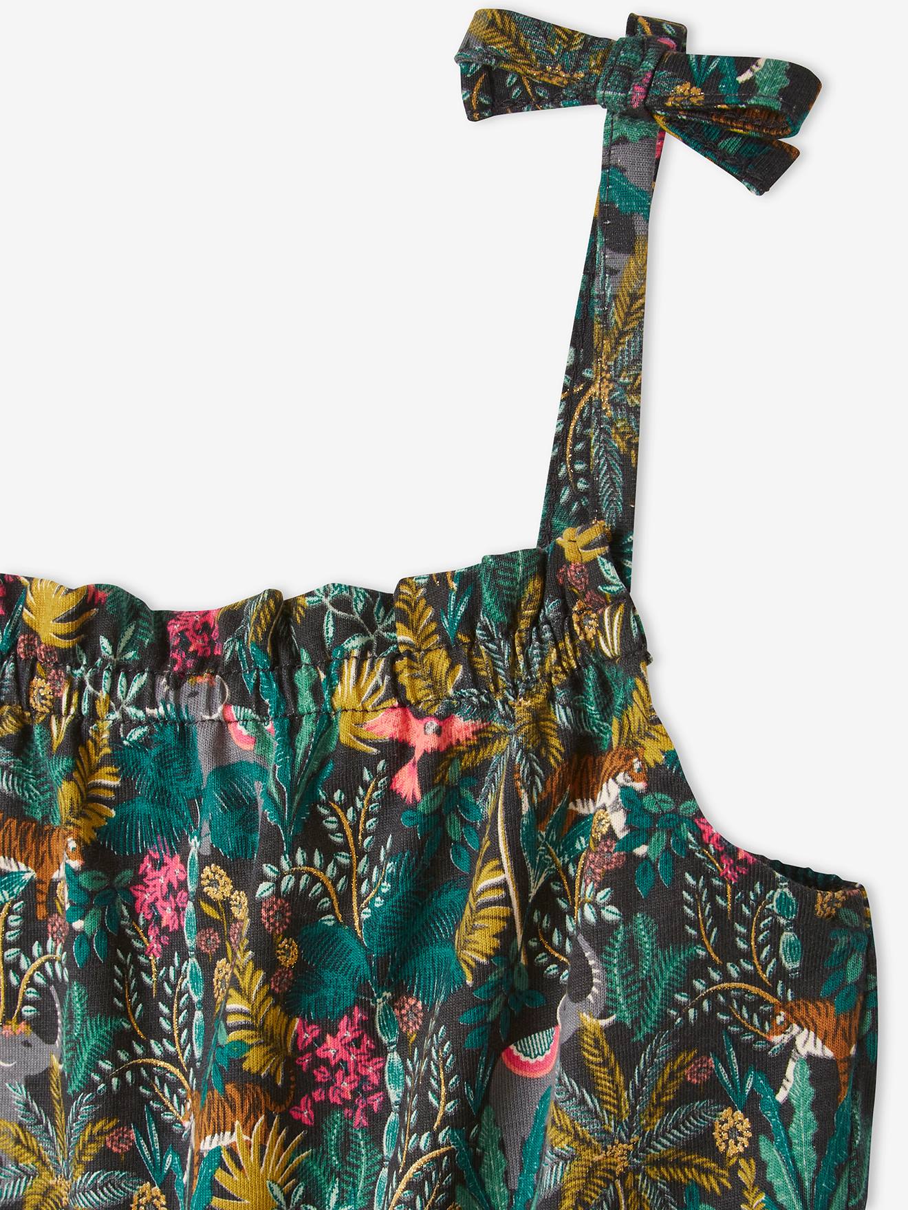 Macacão curto com alças e estampa exótica, para meninas, estampa amarelo escuro.