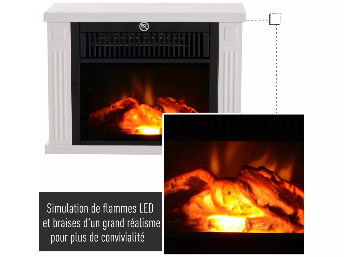 Cheminée électrique poêle style contemporain thermostat 600-1200 W blanc