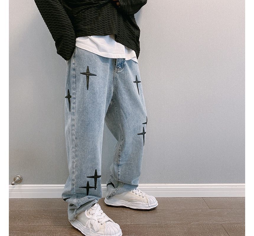 GRAYCIOUS - Mid Rise Cross Patch Washed Loose Fit Jeans