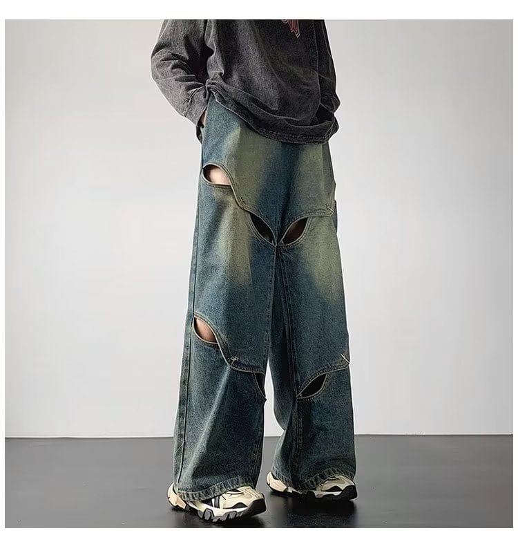 farrahces - Mid Rise Washed Cutout Panel Wide Leg Jeans