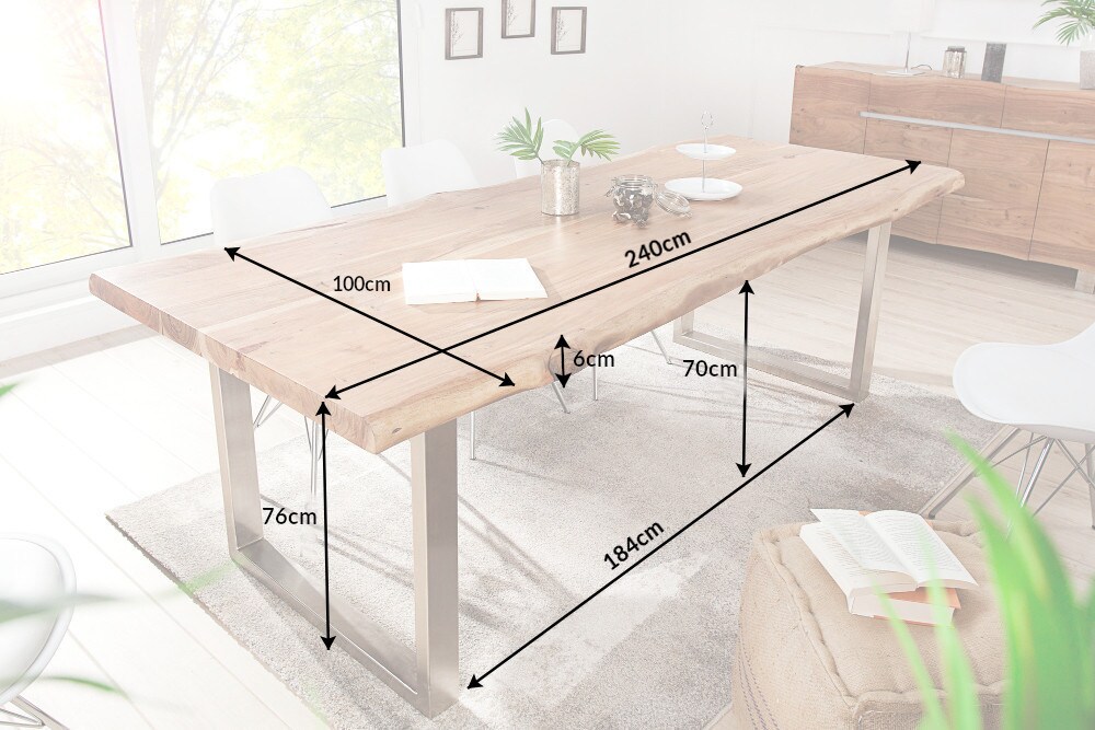 riess-ambiente Esstisch MAMMUT NATURE - 240cm Akazie Baumkante 6cm Tischplatte Edelstahlbeine Massivholz