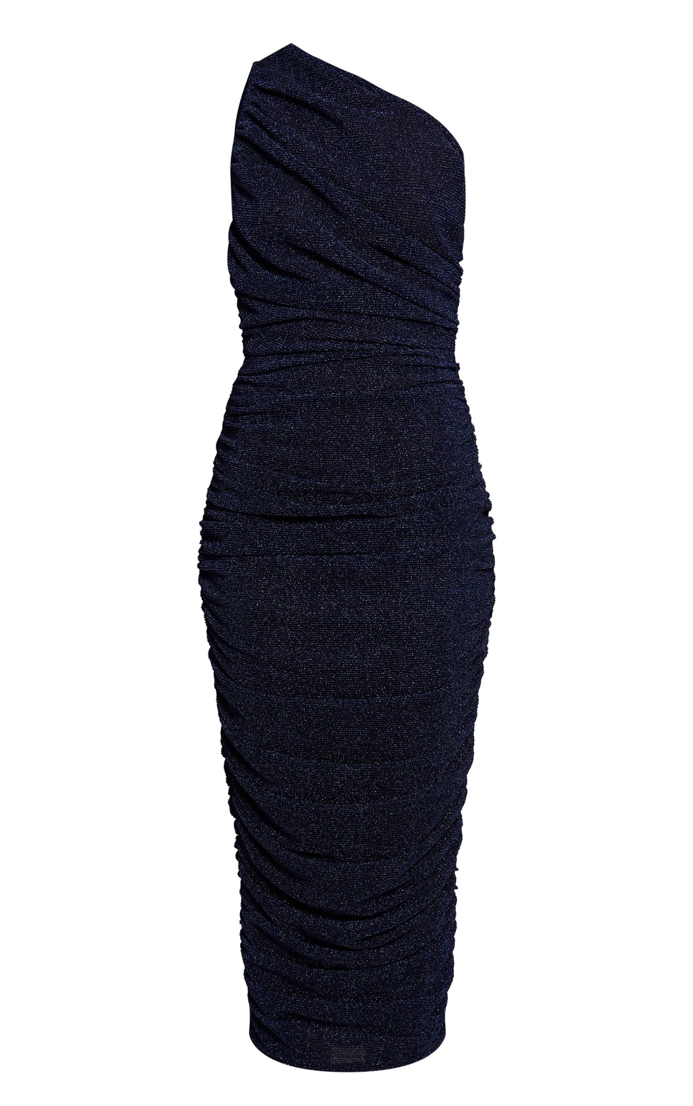 Bleu Marine Robe Midi Plissée À Paillettes Froncée Asymétrique