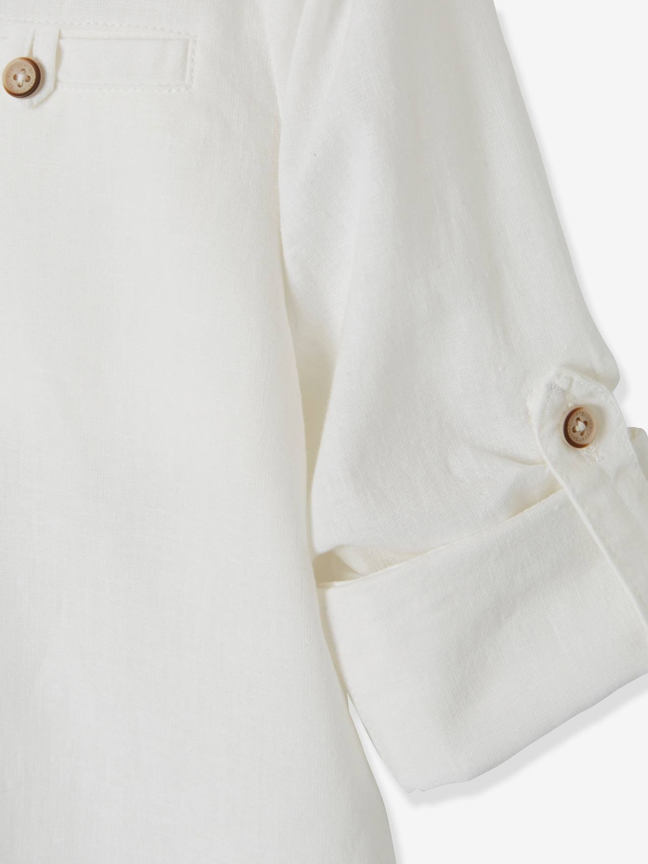 Camisa infantil de linho/algodão com gola mandarim, mangas compridas, cor azul-marinho lisa.
