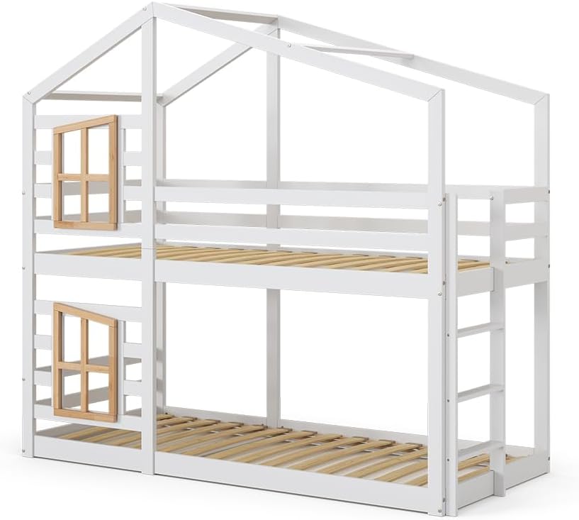 Etagenbett 90x200 cm Maja - Weiß 208x195x97 cm aus Holz - Kinderbett sicher & ideal für 2 Kinder, inklusive Lattenroste
