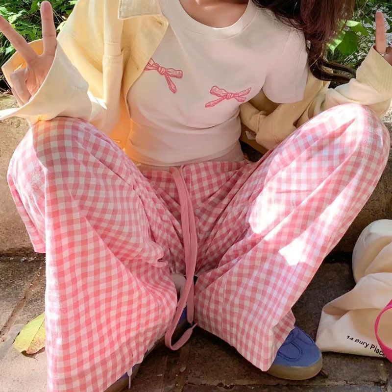Inchioh - High Rise Gingham Wide Leg Pants