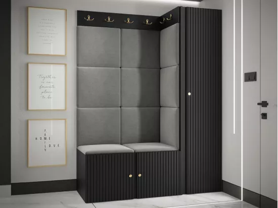 Meuble d'entrée Hartford 385, 186x124x46cm, Gris|Noir, MDF|Stratifié|Tapisserie