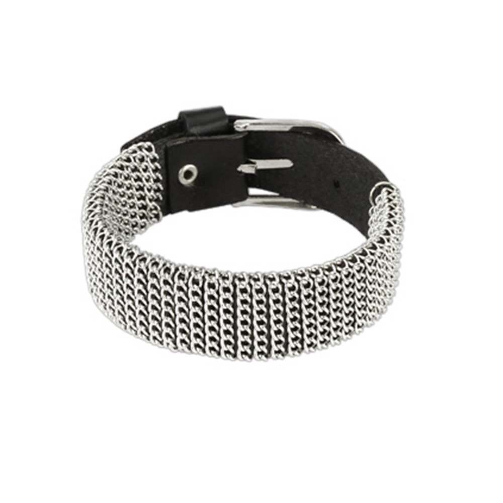 (19cm) Echtleder Armband Accessoire mit Kettengliedern - Schwarz / Silber