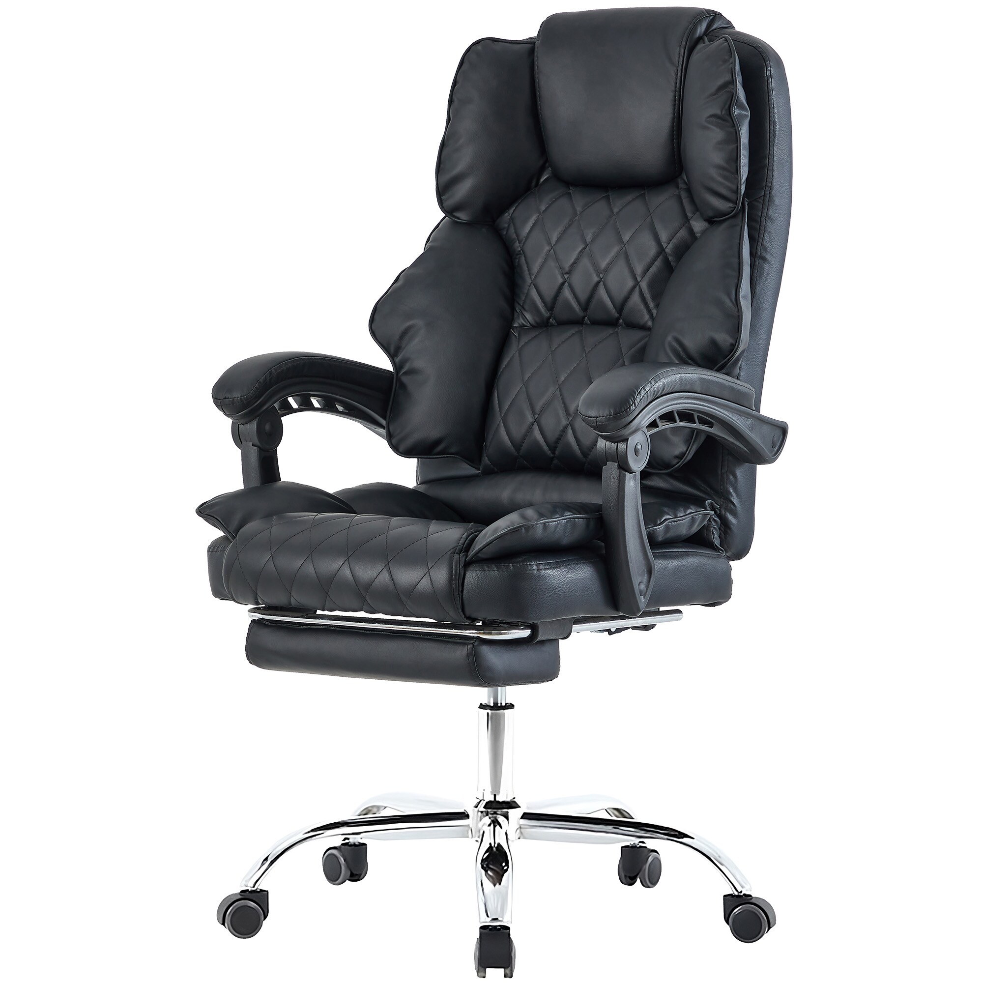 Bürostuhl mit Fußstütze und flexiblen 3-Punkt-Armlehnen - Schreibtischstuhl in Lederoptik mit Chrom-Base - ergonomischer Bürostuhl mit verstellbarer Rückenlehne