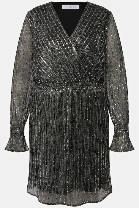Kleid, fitted Fit, Pailletten, Minilänge, V-Ausschnitt, Rüschen-Langarm