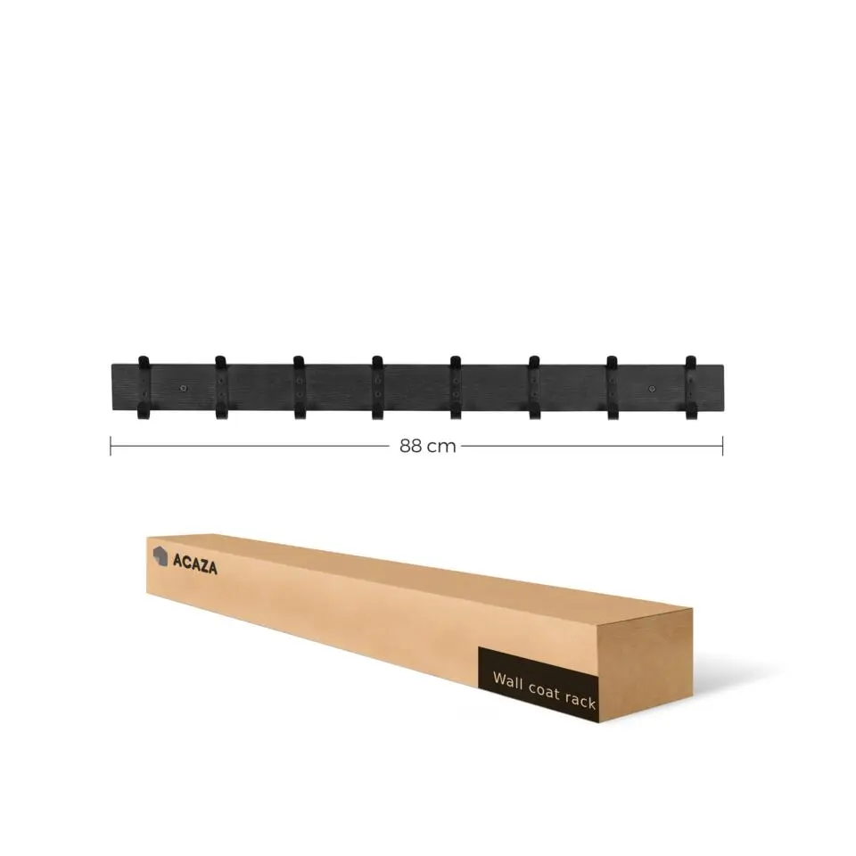 Lange wandkapstok - 8 zwarte haken - 88x6.5x1.5 cm - zwart