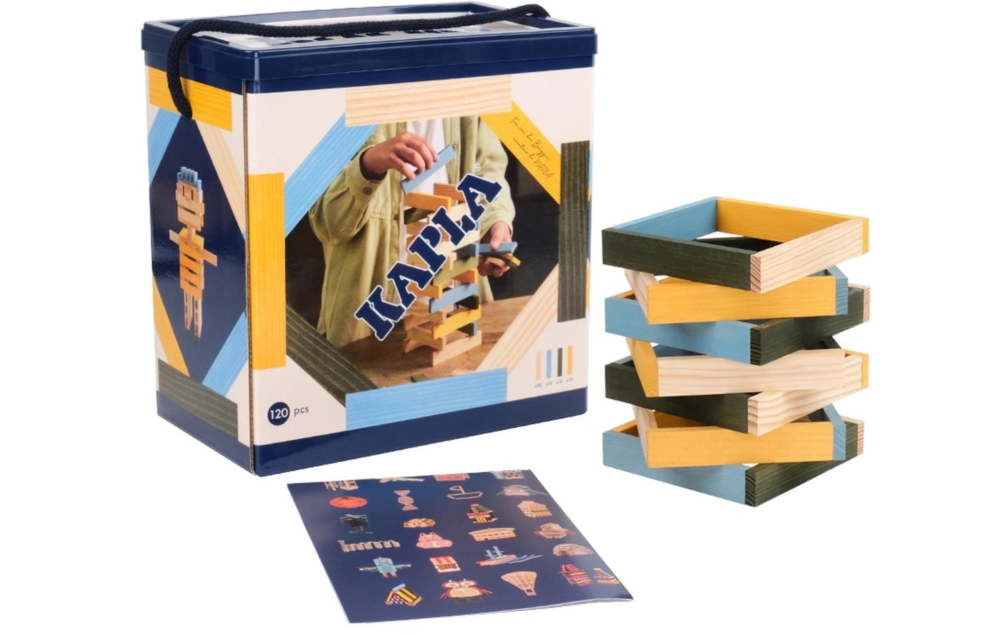 Baukasten 120er Box Hellblau, Gelb, GrünBausteine aus naturbelassenem Pinienholz