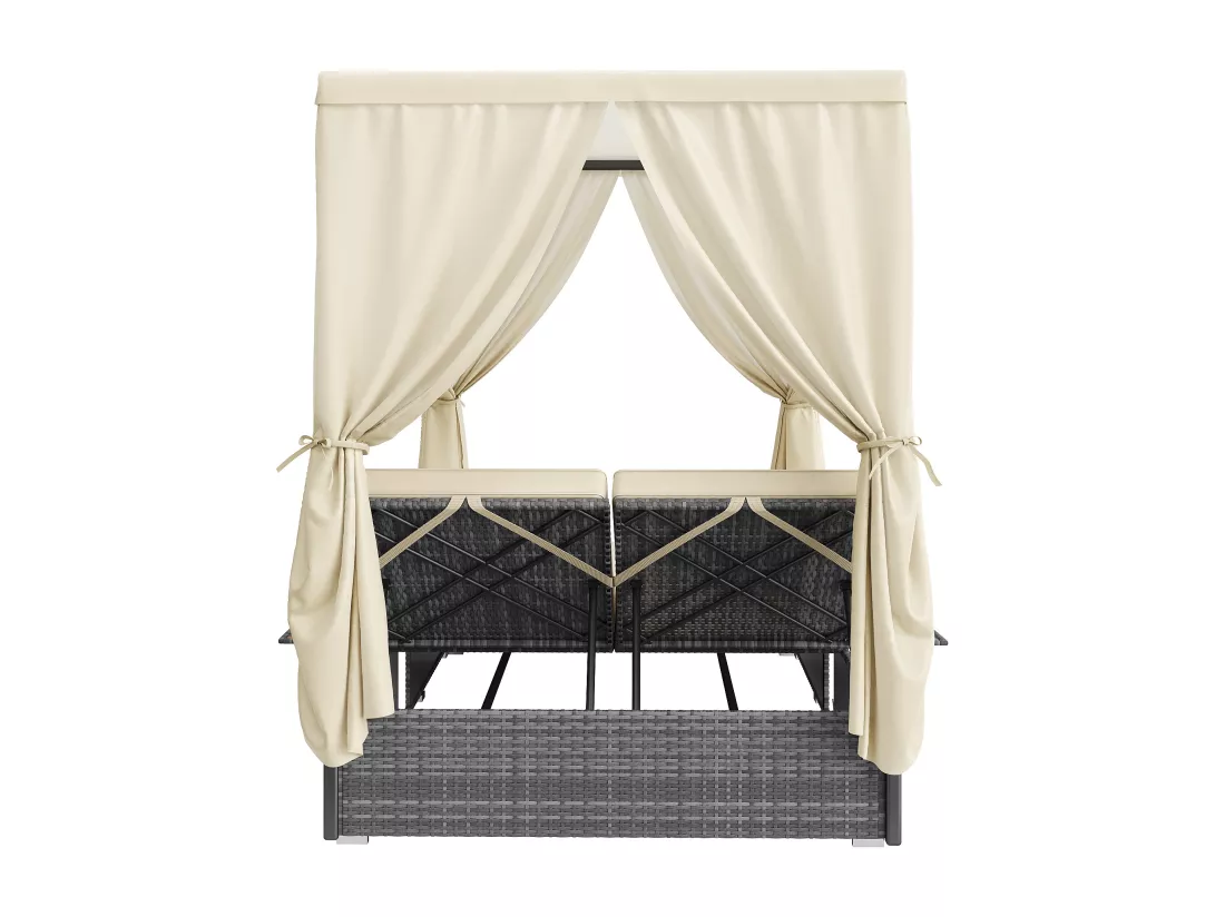 Chaise longue de jardin lit double - avec rideau d'ombrage - chaise longue en rotin - avec coussin et table pliante - gris