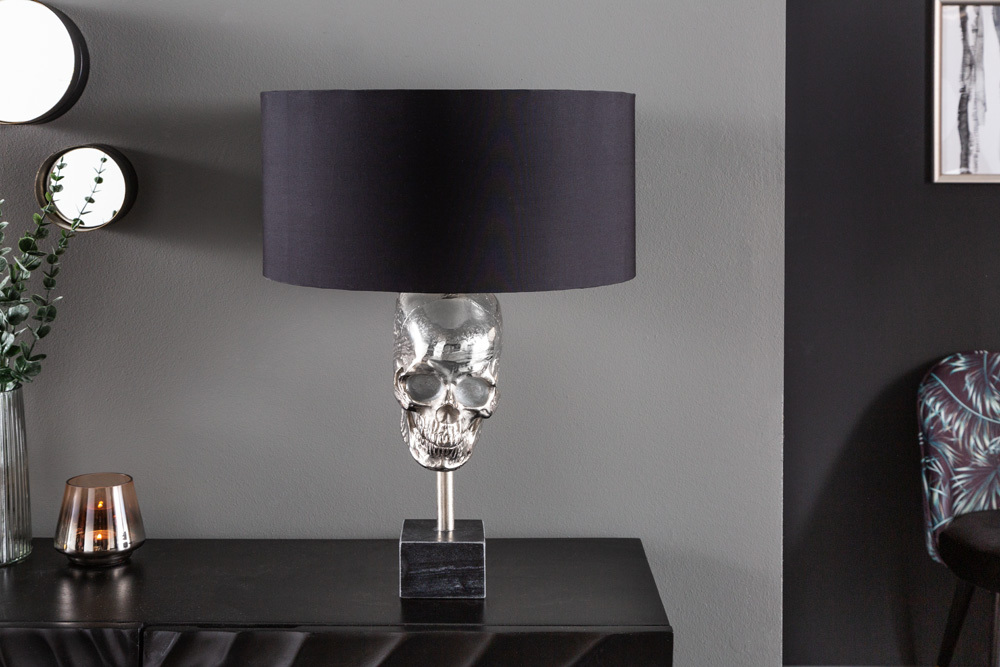 Extravagante Tischlampe SKULL 56cm schwarz silber Metall Totenkopf Skulptur Leuchte